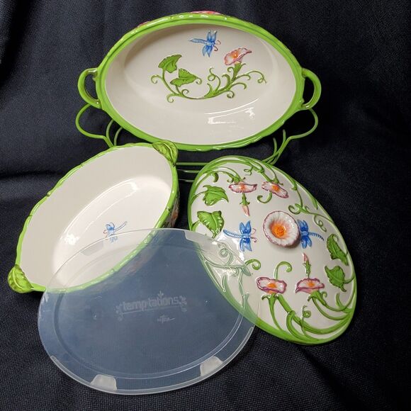 Temptations by Tara Green Dragonfly Ovenware Covered Casserole Set Oval 2qt, 1qt - Picture 2 of 14